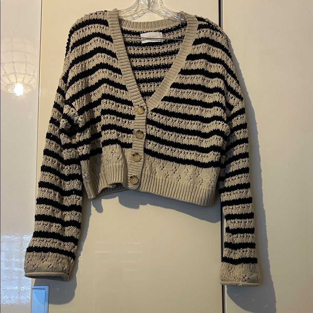Lucky Brand Striped V-Neck Cropped Button Cardigan - Black & Cream